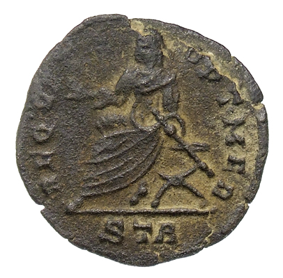 RIC VII Treveri 207 Constantine I reverse, Claudius II Gothicus, veiled, draped, seated left in curule chair, holding shor...