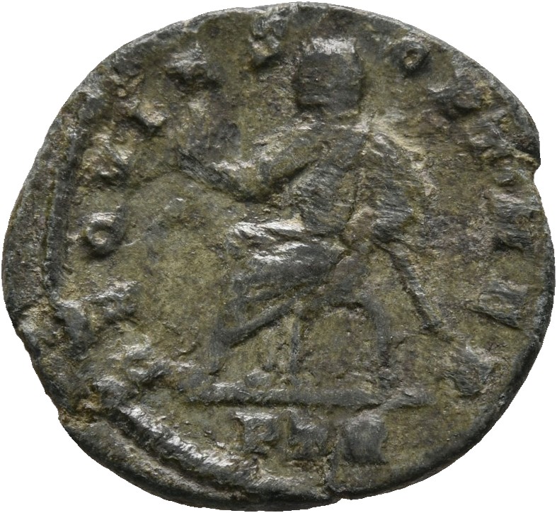 RIC VII Treveri 207 Constantine I reverse, Claudius II Gothicus, veiled, draped, seated left in curule chair, holding shor...