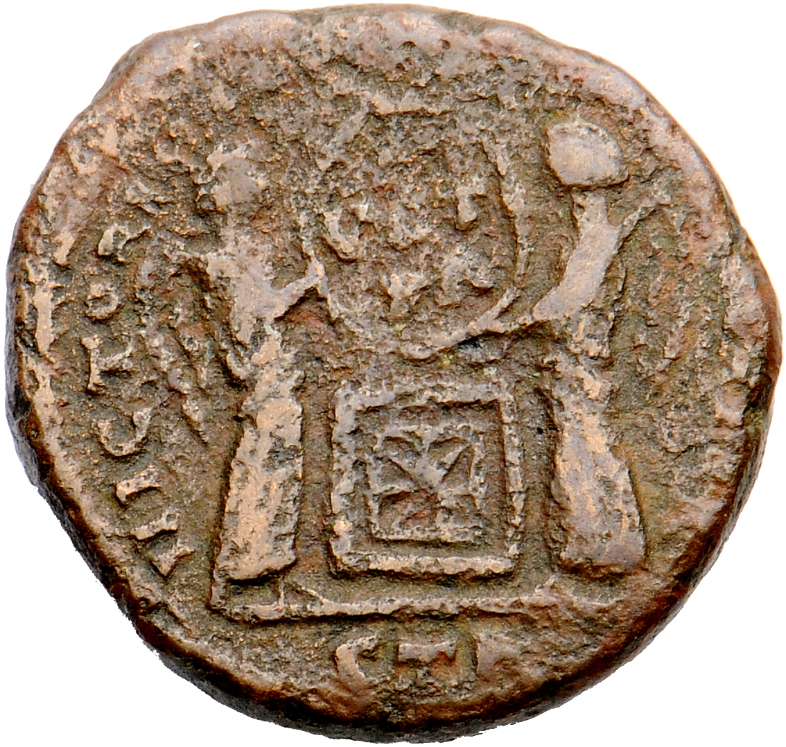 Constantine I reverse — Two Victories, winged, draped, standing facing each other, holding a shield inscribed VOT/PR supported by an altar