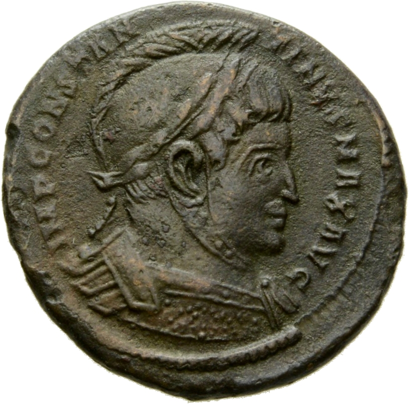 RIC VII Treveri 213 Constantine I obverse, Bust of Constantine I, laureate, helmeted, cuirassed, right