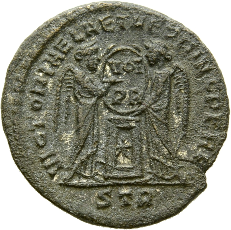RIC VII Treveri 213 Constantine I reverse, Two Victories, winged, draped, standing facing each other, holding a shield ins...