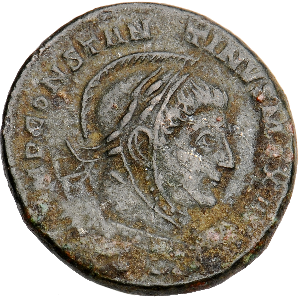 Constantine I obverse — Bust of Constantine I, laureate, helmeted, cuirassed, right
