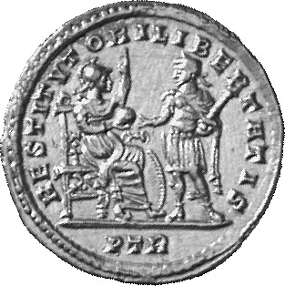 RIC VII Treveri 23 Constantine I reverse, Roma, helmeted, draped, seated right on high-backed throne, presenting globe to ...