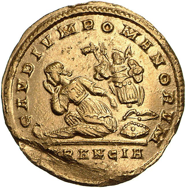 RIC VII Treveri 241 Constantine I reverse, Francia, draped, seated left on ground, head turned, touching bow with left han...