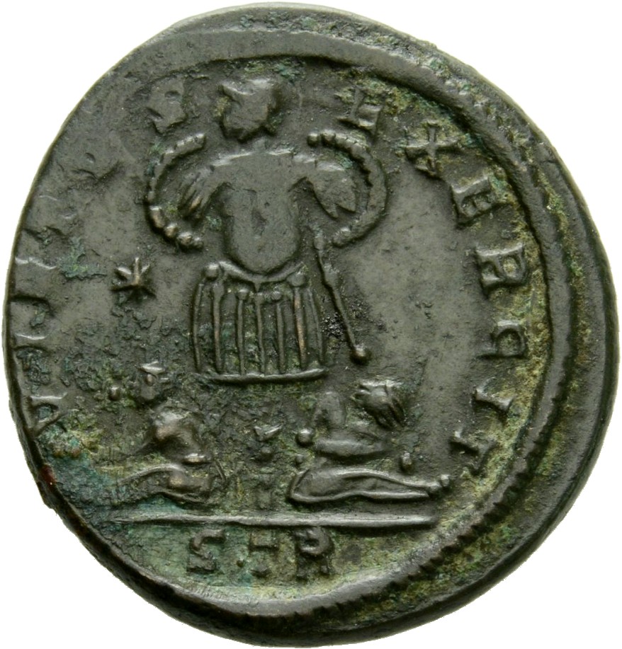 RIC VII Treveri 249 Constantine I reverse, Trophy, flanked by two seated captives