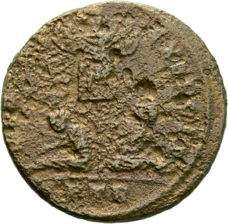 RIC VII Treveri 258 Constantine I reverse, Trophy, flanked by two seated captives