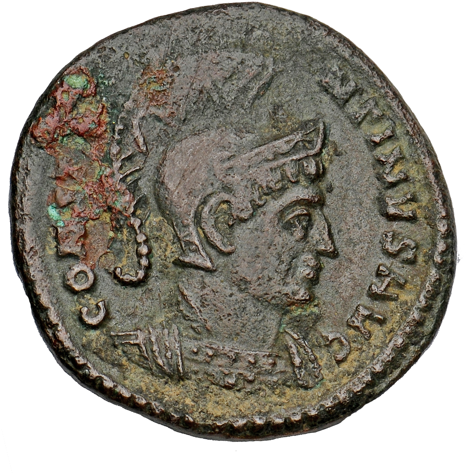 Constantine I obverse — Bust of Constantine I, helmeted, cuirassed, right