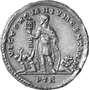 Constantine I reverse — Constantine I, draped, cuirassed, standing left, holding standard in right hand; before him, two suppliants; behind, seated captive; on ground, shield