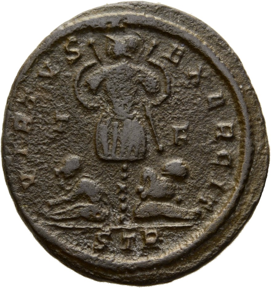 Constantine I reverse — Trophy, flanked by two seated captives