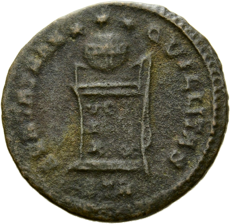 RIC VII Treveri 303 Constantine I reverse, Globe on altar inscribed VOT/IS/XX; above, three stars