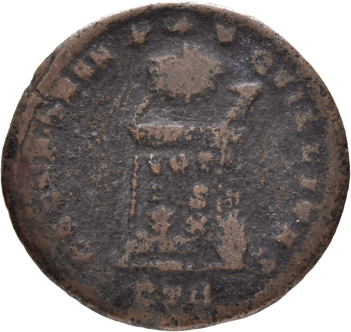 Constantine I reverse — Globe on altar inscribed VOT/IS/XX; above, three stars