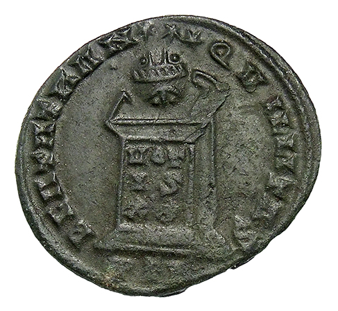 RIC VII Treveri 309 Constantine I reverse, Globe on altar inscribed VOT/IS/XX; above, three stars
