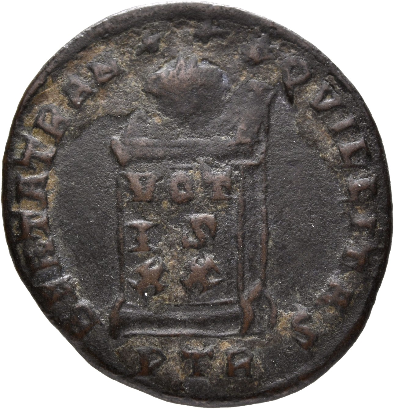 RIC VII Treveri 312 Constantine I reverse, Globe on altar inscribed VOT/IS/XX; above, three stars