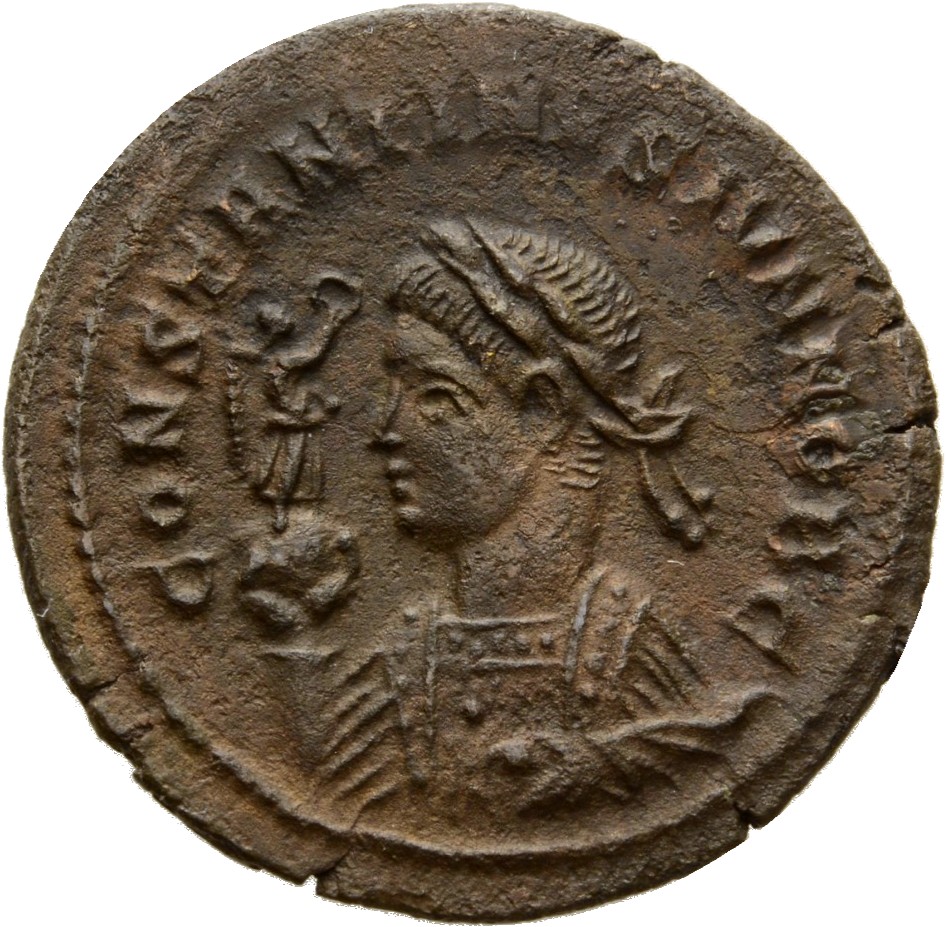 RIC VII Treveri 312 Constantine I obverse, Bust of Constantine II, laureate, draped, left, holding Victory on globe in rig...