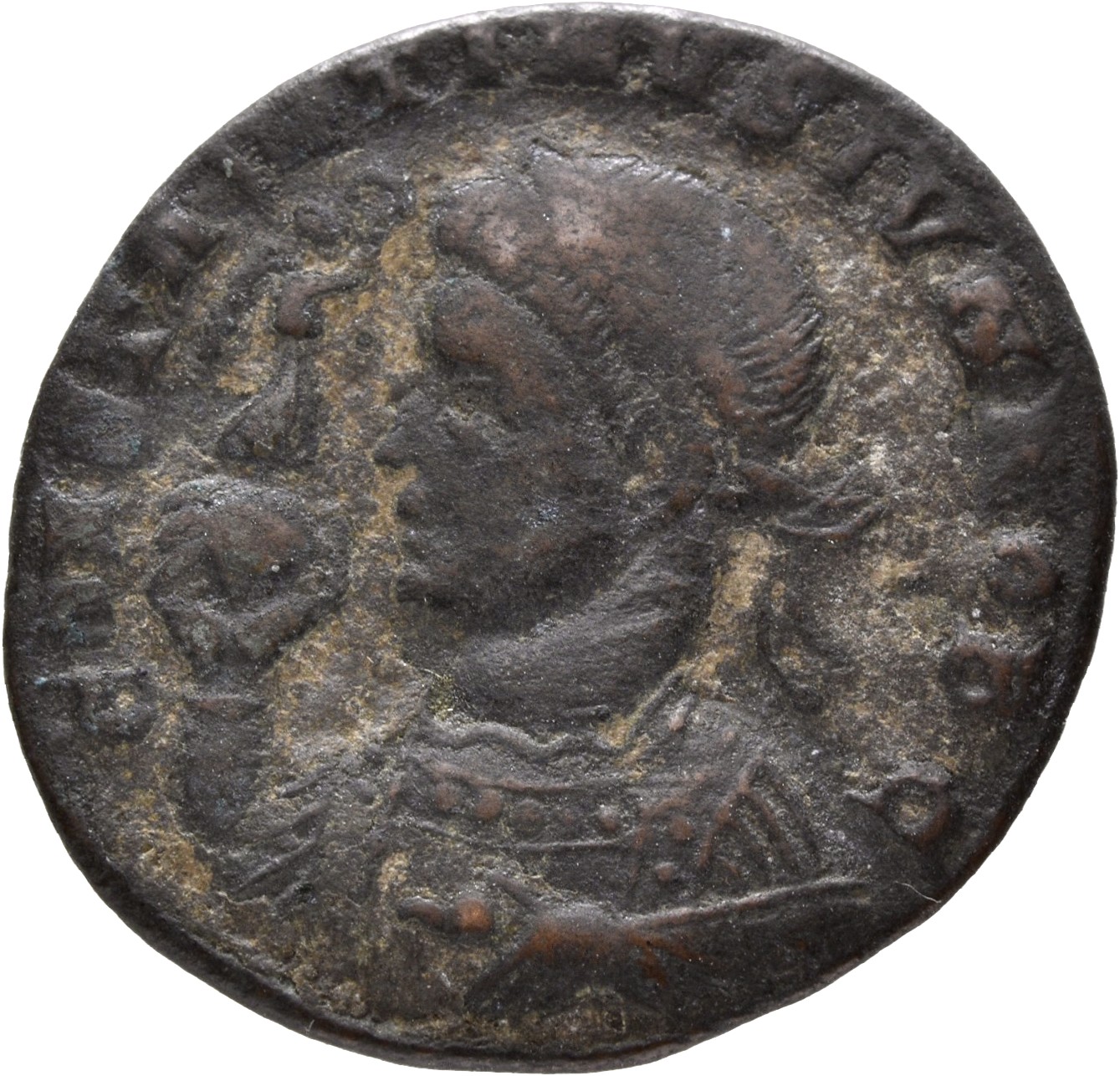 Constantine I obverse — Bust of Constantine II, laureate, draped, left, holding Victory on globe in right hand and mappa in left hand