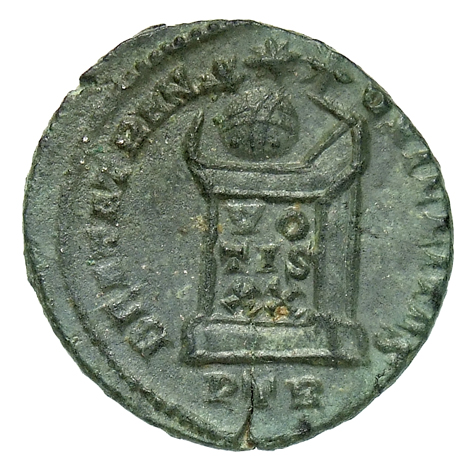 RIC VII Treveri 316 Constantine I reverse, Globe on altar inscribed VO/TIS/XX; above, three stars