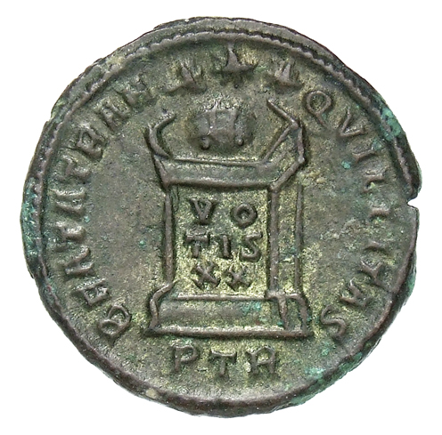 RIC VII Treveri 316 Constantine I reverse, Globe on altar inscribed VO/TIS/XX; above, three stars