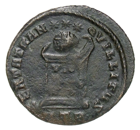 RIC VII Treveri 317 Constantine I reverse, Globe on altar inscribed VO/TIS/XX; above, three stars