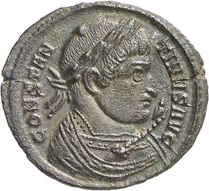 RIC VII Treveri 318 Constantine I obverse, Bust of Constantine I, laureate, wearing trabea, right, holding eagle-tipped sc...