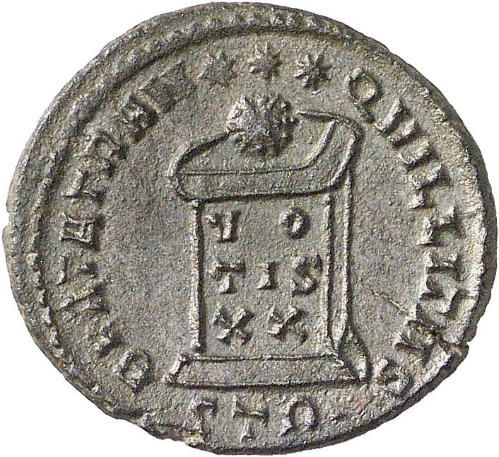 Constantine I reverse — Globe on altar inscribed VO/TIS/XX; above, three stars