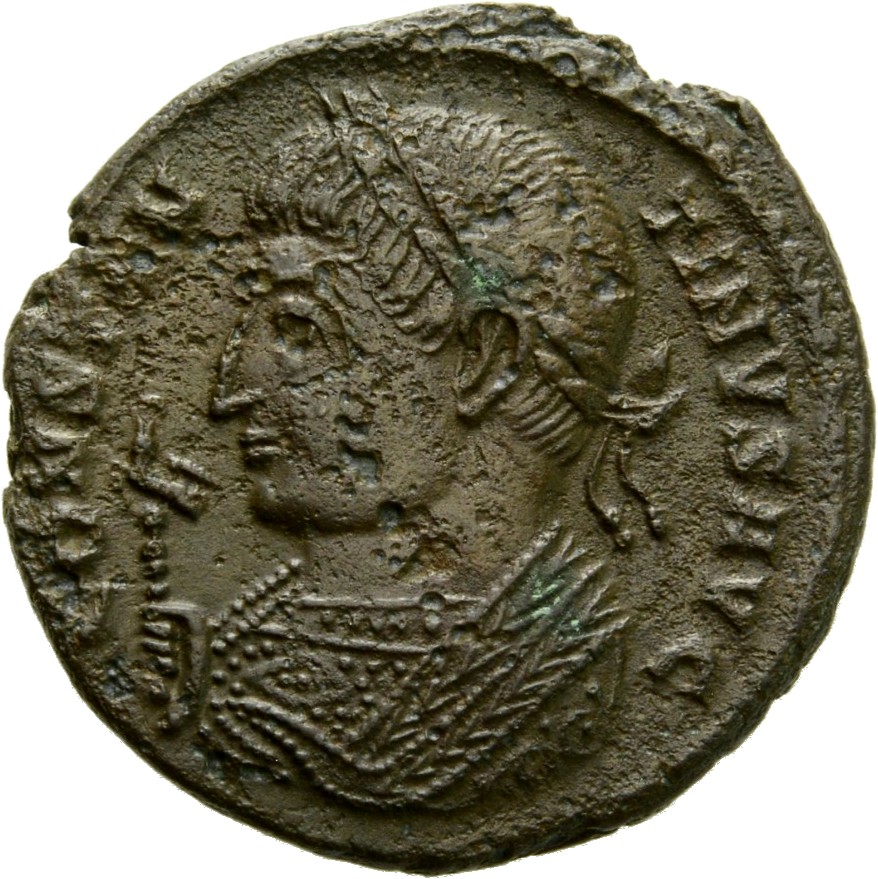 Constantine I obverse — Bust of Constantine I, laureate, wearing trabea, left, holding eagle-tipped sceptre in right hand