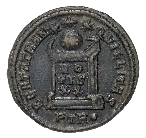 RIC VII Treveri 341 Constantine I reverse, Globe on altar inscribed VO/TIS/XX; above, three stars