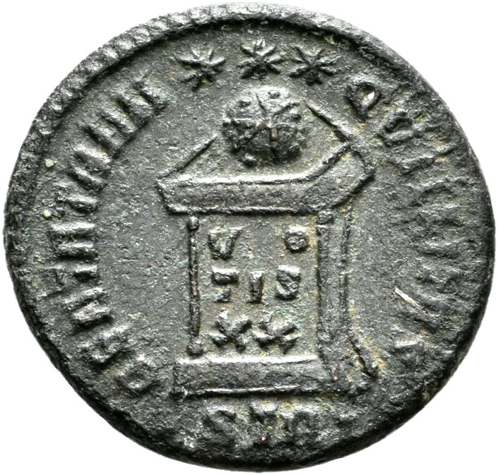 RIC VII Treveri 341 Constantine I reverse, Globe on altar inscribed VO/TIS/XX; above, three stars