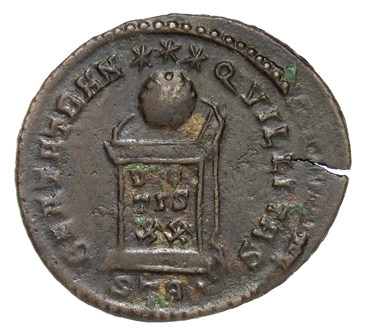 RIC VII Treveri 343 Constantine I reverse, Globe on altar inscribed VO/TIS/XX; above, three stars