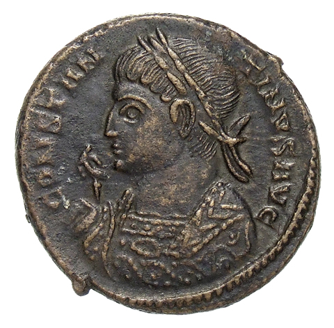 RIC VII Treveri 343 Constantine I obverse, Bust of Constantine I, laureate, wearing trabea, left, holding eagle-tipped sce...