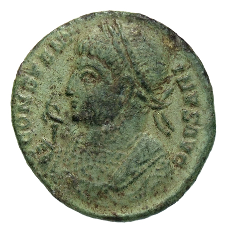 RIC VII Treveri 343 Constantine I obverse, Bust of Constantine I, laureate, wearing trabea, left, holding eagle-tipped sce...