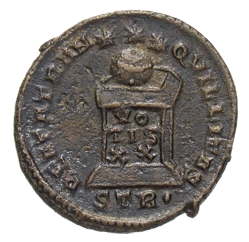RIC VII Treveri 343 Constantine I reverse, Globe on altar inscribed VO/TIS/XX; above, three stars