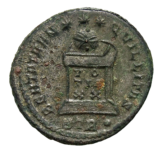RIC VII Treveri 347 Constantine I reverse, Globe on altar inscribed VO/TIS/XX; above, three stars