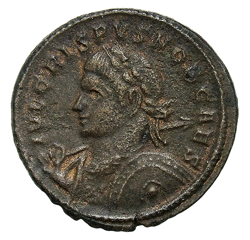 RIC VII Treveri 347 Constantine I obverse, Bust of Crispus, laureate, cuirassed, left, holding spear across right shoulder...