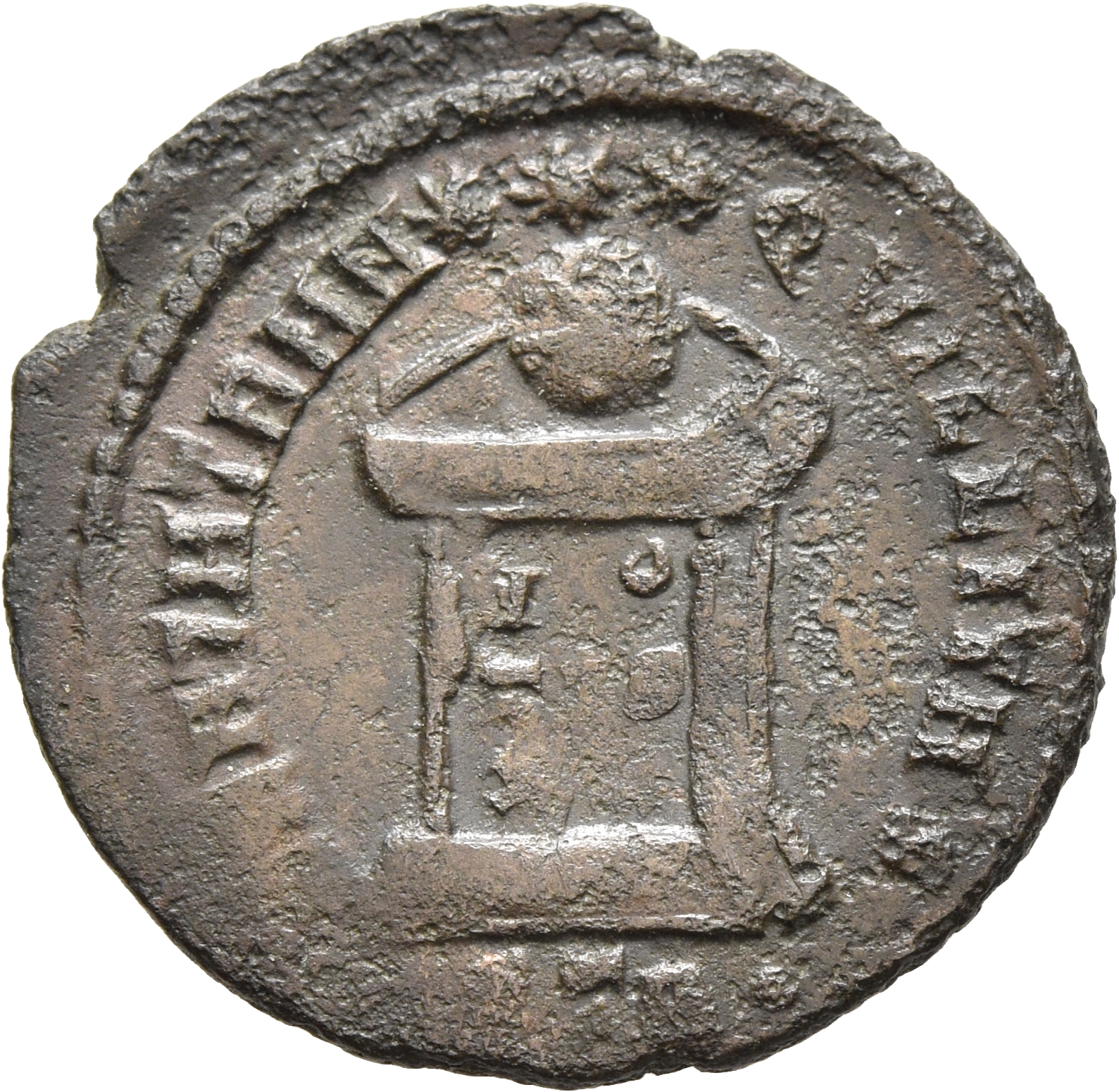 RIC VII Treveri 347 Constantine I reverse, Globe on altar inscribed VO/TIS/XX; above, three stars
