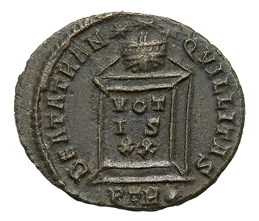 RIC VII Treveri 348 Constantine I reverse, Globe on altar inscribed VO/TIS/XX; above, three stars