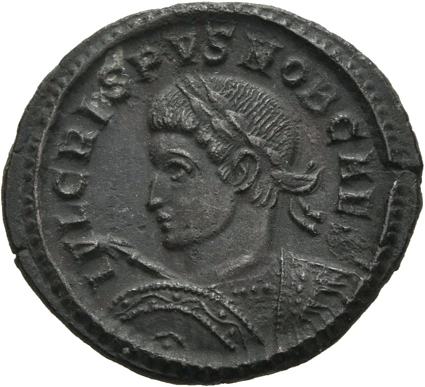 RIC VII Treveri 348 Constantine I obverse, Bust of Crispus, laureate, cuirassed, left, holding spear pointing forward in r...