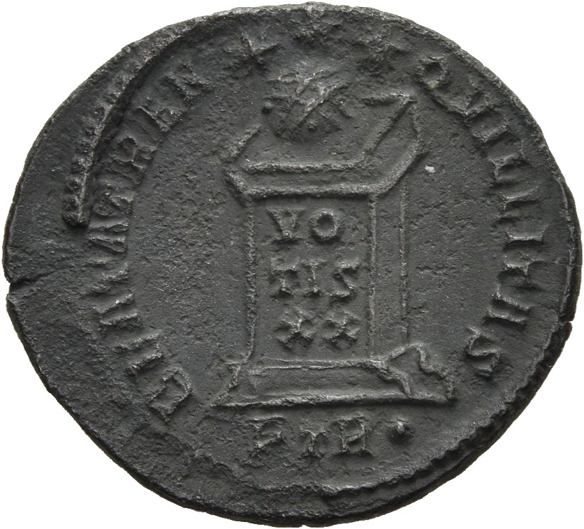 RIC VII Treveri 348 Constantine I reverse, Globe on altar inscribed VO/TIS/XX; above, three stars