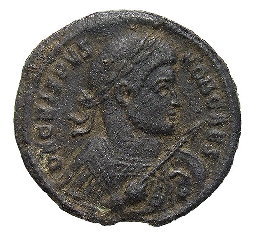 RIC VII Treveri 349 Constantine I obverse, Bust of Crispus, laureate, cuirassed, right, holding spear pointing forward in ...