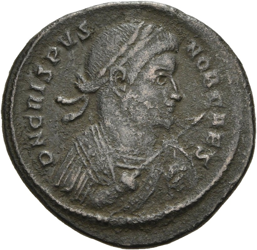 RIC VII Treveri 349 Constantine I obverse, Bust of Crispus, laureate, cuirassed, right, holding spear pointing forward in ...
