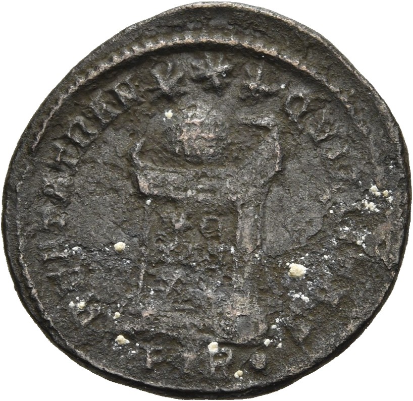 RIC VII Treveri 349 Constantine I reverse, Globe on altar inscribed VO/TIS/XX; above, three stars