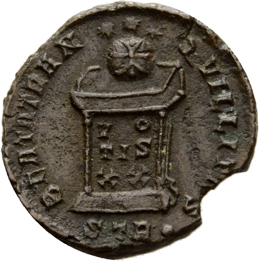 RIC VII Treveri 353 Constantine I reverse, Globe on altar inscribed VO/TIS/XX; above, three stars