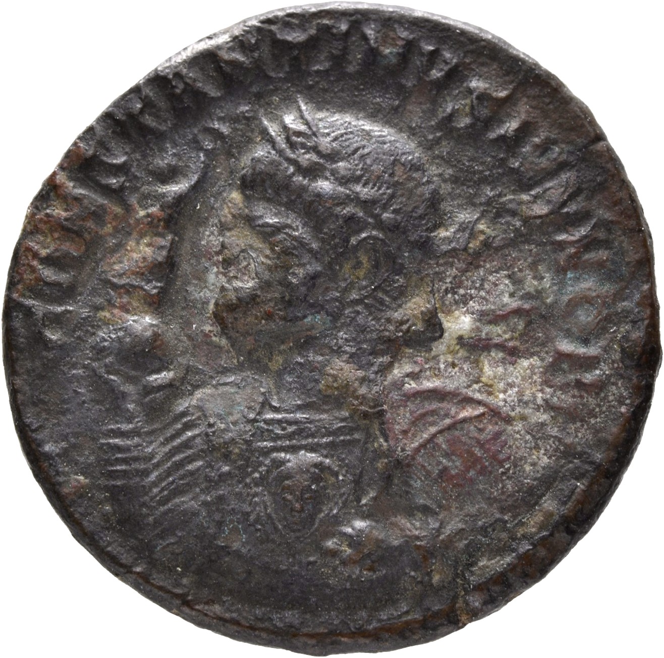 Constantine I obverse — Bust of Constantine II, laureate, draped, left, holding Victory on globe in right hand and mappa in left hand