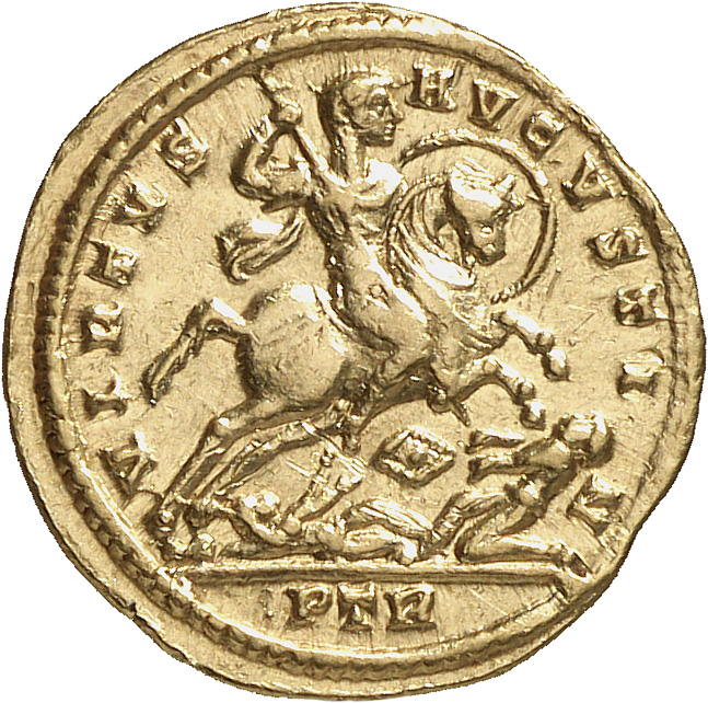 Constantine I reverse — Constantine I, draped, cuirassed, galloping right, charging enemy with spear in right hand and holding shield on left arm; under horse, another enemy with shield