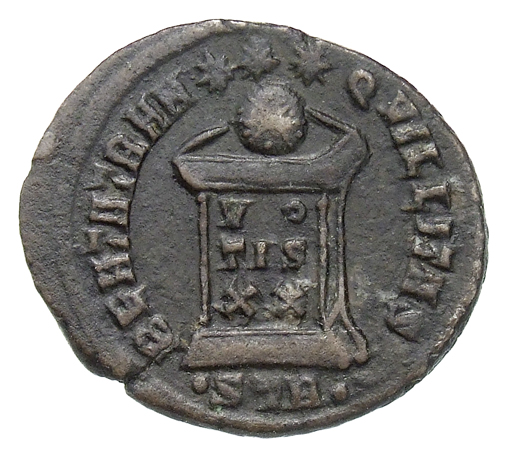 RIC VII Treveri 368 Constantine I reverse, Globe on altar inscribed VO/TIS/XX; above, three stars
