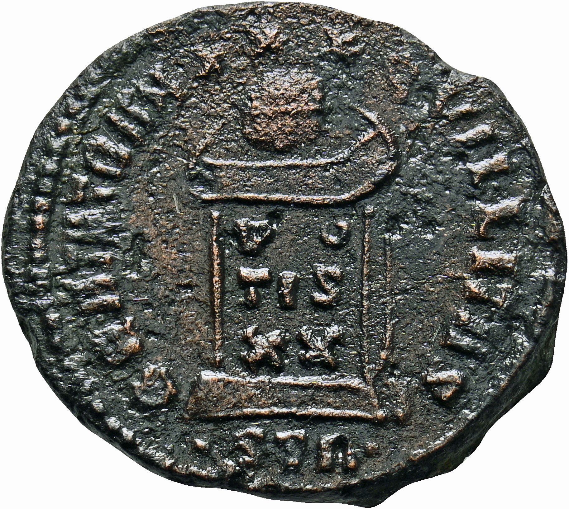 RIC VII Treveri 368 Constantine I reverse, Globe on altar inscribed VO/TIS/XX; above, three stars