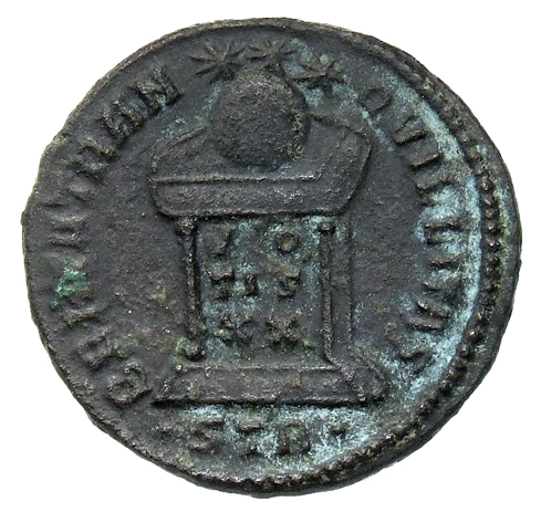 RIC VII Treveri 369 Constantine I reverse, Globe on altar inscribed VO/TIS/XX; above, three stars