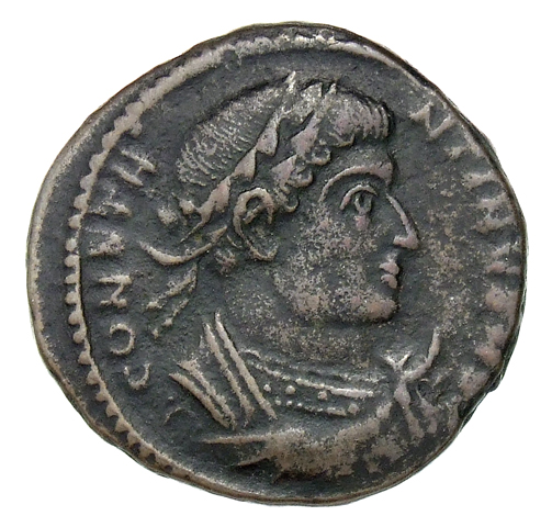 RIC VII Treveri 369 Constantine I obverse, Bust of Constantine I, laureate, wearing trabea, right, holding eagle-tipped sc...