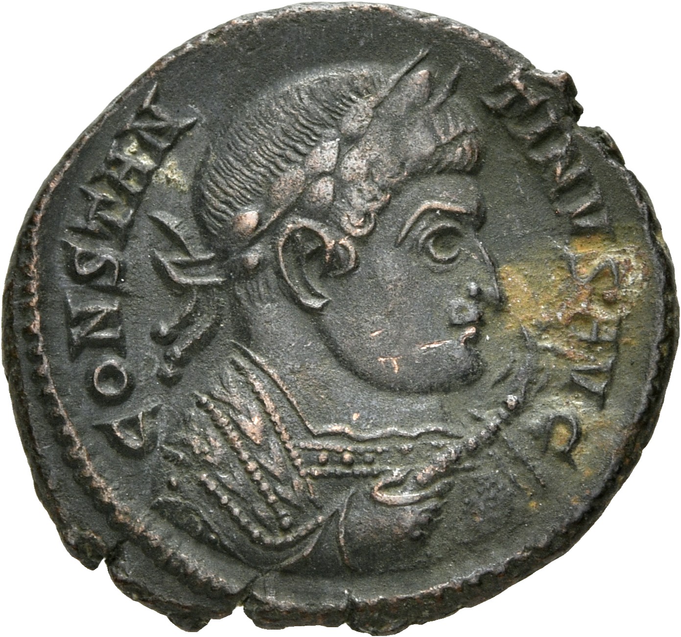 RIC VII Treveri 369 Constantine I obverse, Bust of Constantine I, laureate, wearing trabea, right, holding eagle-tipped sc...