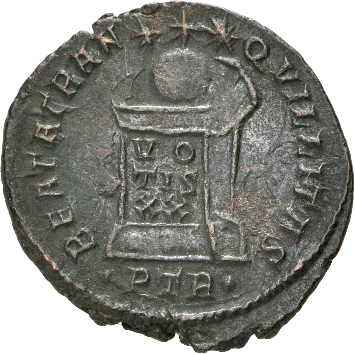 RIC VII Treveri 369 Constantine I reverse, Globe on altar inscribed VO/TIS/XX; above, three stars