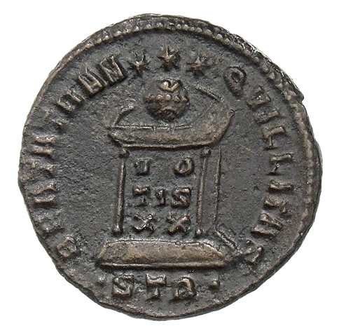 RIC VII Treveri 370 Constantine I reverse, Globe on altar inscribed VO/TIS/XX; above, three stars